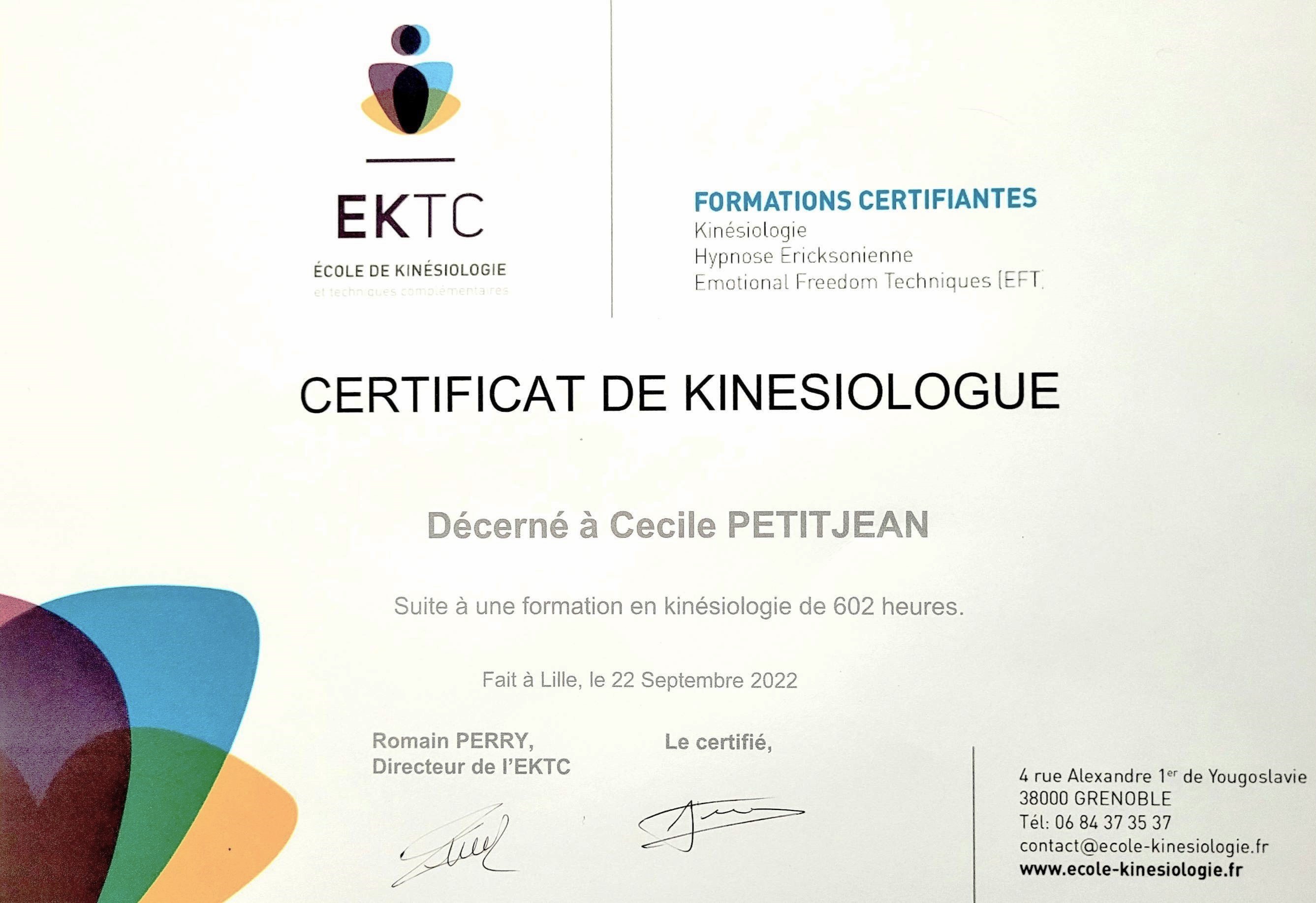 Certification de Kinésiologue - Cécile PETITJEAN Certification de Kinésiologue